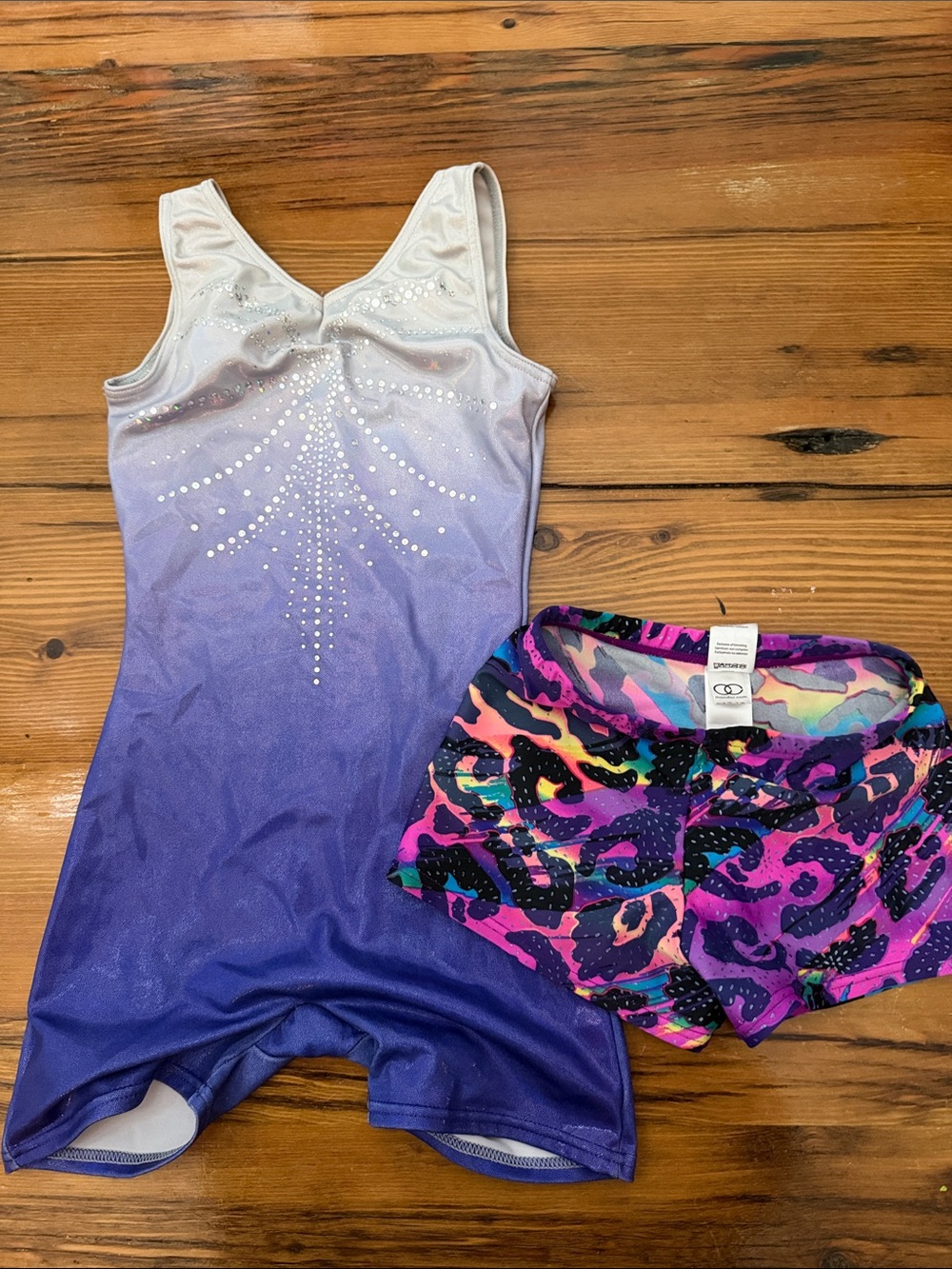 Girls Purple Ombre Sparkle One-Piece Bodysuit with Multicolor Shorts